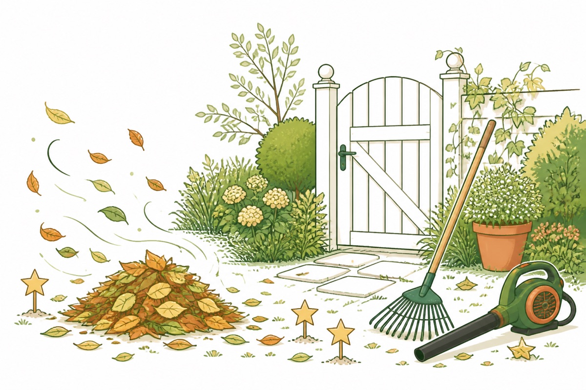 Original editorial illustration of a colorful garden-cleaning progression scene